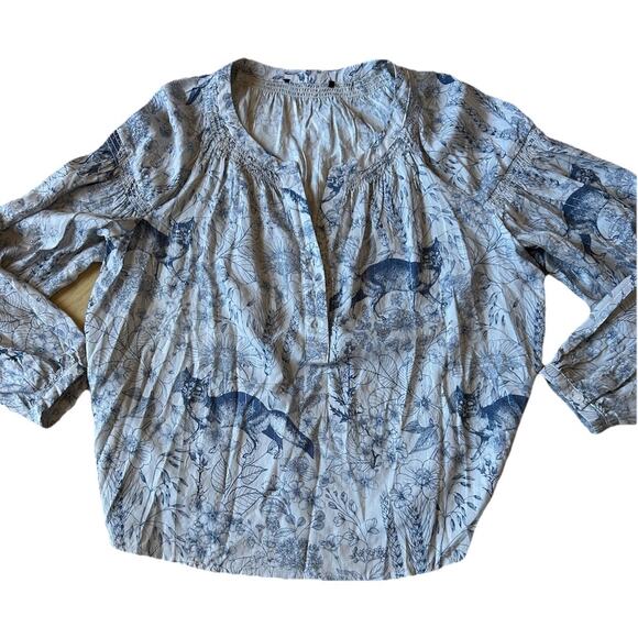 Fox Animal Print Blouse Boho Peasant Shirt Sheer Pinstripe Wildlife Fairy M-L - Picture 2 of 13